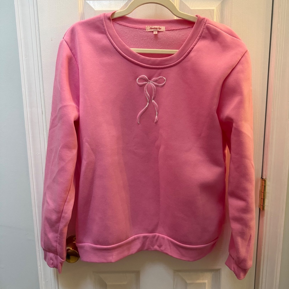 Strawberry Skye Pink Bow Sweatshirt Large Coquette Balletcore Fleece Pullover